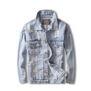 Men Jacket Retro Light Blue Destroyed Ripped Coats